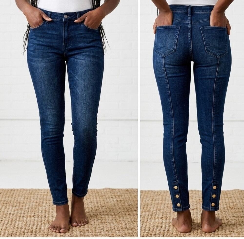 Flamingals NWT Small Blue Skinny Jeans High Rise Button Ankle Seamed Stretch